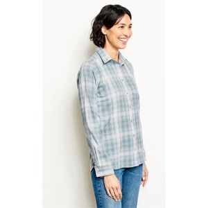 Orvis-Women's Tech Chambray Long-Sleeve Work Shirt Dusty Blue Plaid Upf 30 Large